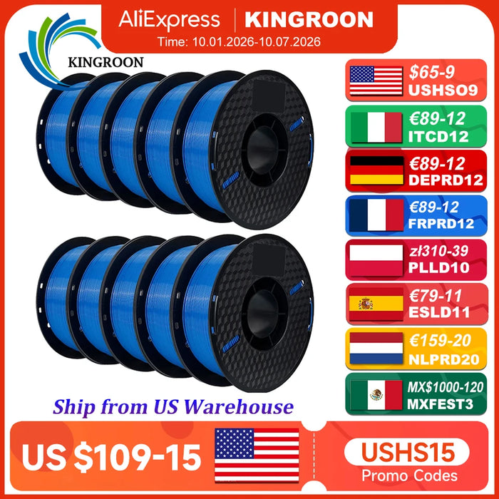 KINGROON 10KG PLA Filament PETG 3D Filament 1.75mm For 3D Printer Filament 10 Rolls/Set Mixed Colors and Materials FDM P
