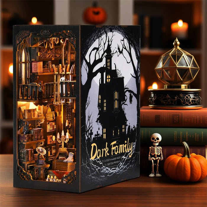 Book Nook Kit Dark Family DIY Wooden Puzzle Gothic Style Halloween Bookshelf Dollhouse Model Bookend Building Home Decor