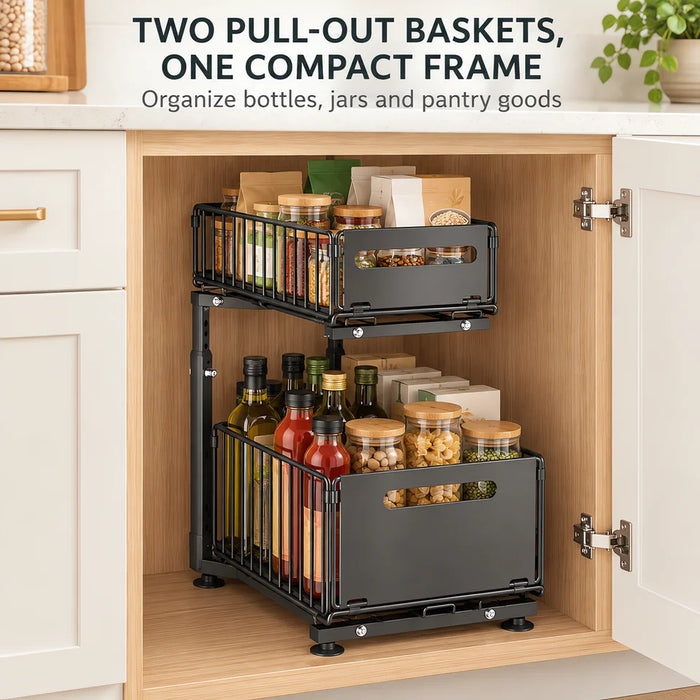Adjustable Pull-Out Cabinet Organizer, 2-Basket Black Carbon Steel Storage Rack with 5 Height Positions for Kitchen Pant