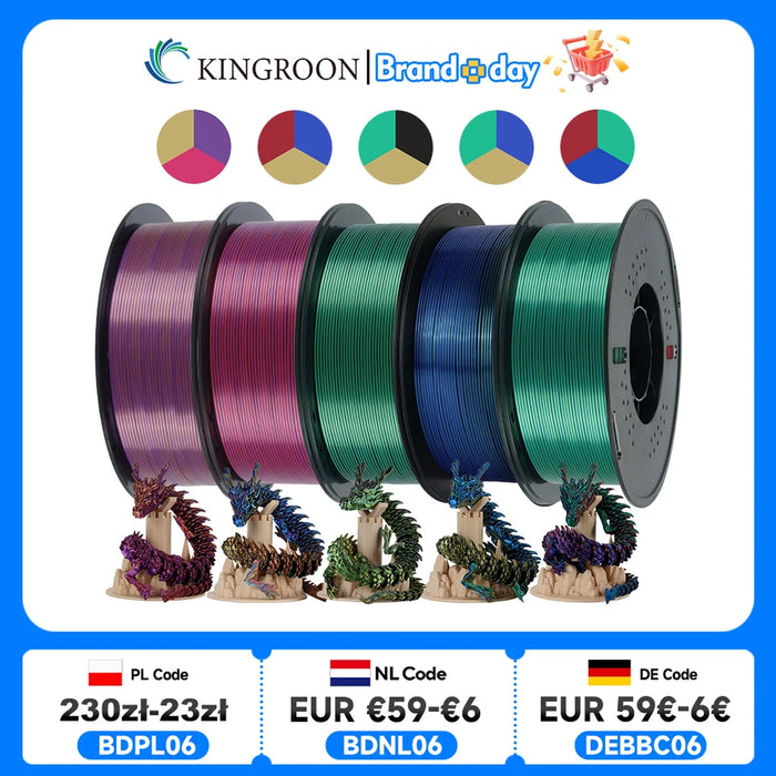 KINGROON 5KG Silk Tricolor PLA Filament 1.75mm, Three-colour Coextrusion 3D Printing Material, New Color Change, 5Roll 1