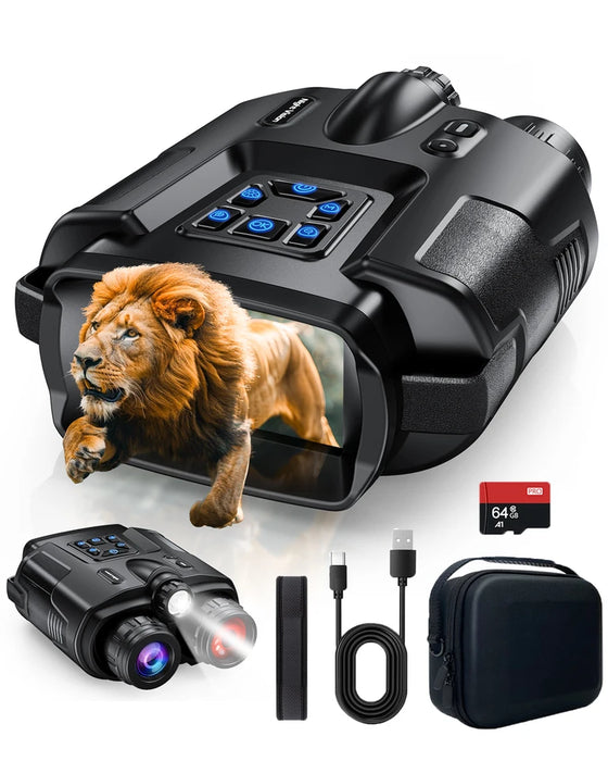 4K Night Vision Binoculars for Adults, 64GB Memory Card 3inch Screen 8X Digital Zoom With Tactical Light, 5000mAh Rechar