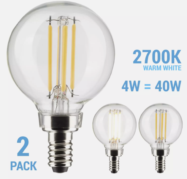 Pack LED Clear Mini Globe Bulb 4W 40W 120V G16.5 Candelabra E12 2700K Warm White