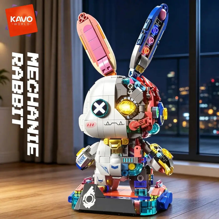 KAVOWORLD 1377PCS Robot Rabbit Building Blocks Set LED Light Up Multi-Point Rotatable Detachable Base DIY Cyberpunk Mech