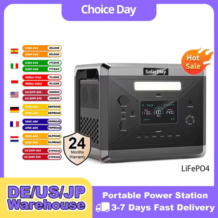 SOLARPLAY Portable Power Station Q2501 For Outdoor Camping And Home, 2160Wh LiFePO4 Battery With 12 Output Ports Solar G