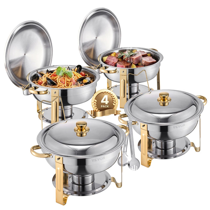 SucceBuy 4 Pack Chafing Dish Buffet Set Stainless Steel Chafer W/4 Full Size Pan Round Catering Warmer Server for Party 