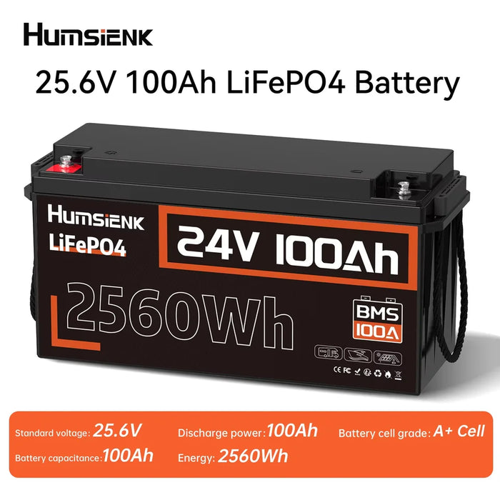 Humsienk 24V 100Ah LiFePO4 Battery 15000 Cycle 100A BMS UP 2560W For RV, Camper, Solar, Marine, Off-Grid,2-year warranty