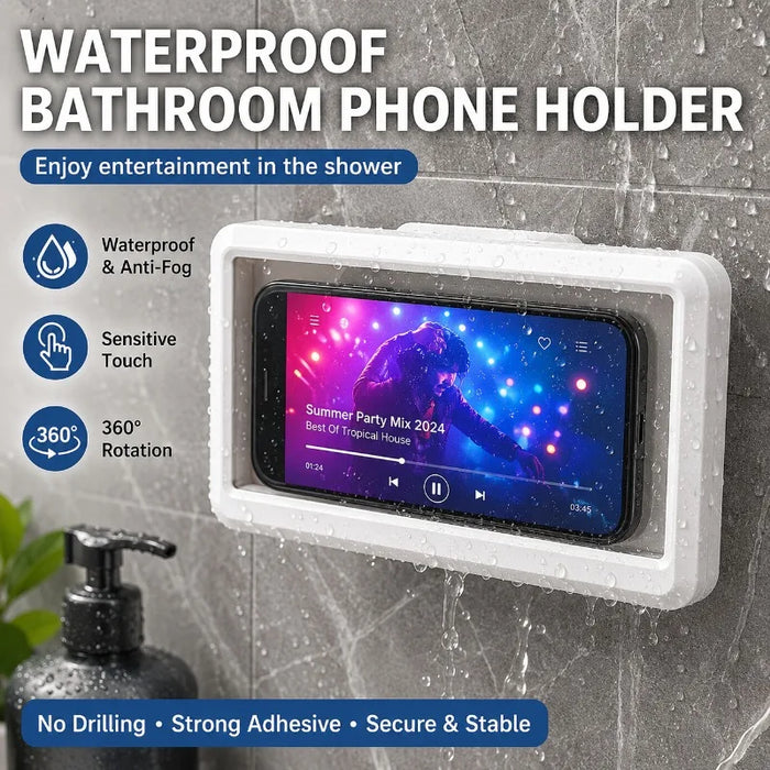 Waterproof & Oilproof Wall Mount Phone Holder for Bathroom Kitchen, 360° Rotatable Touch Screen Anti-Fog No Drill Smartp