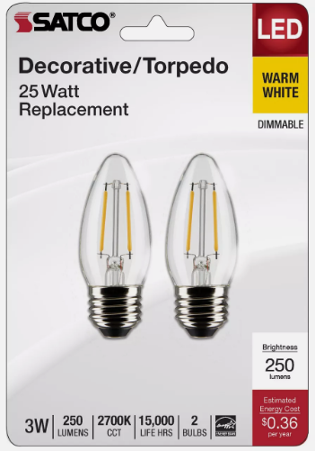 2 Pack S21832 LED Filament 120V 3W =25W B11 Medium E26 Clear 2700K Warm White