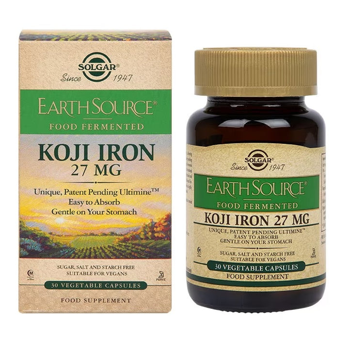 Solgar Earth Source Food Fermented Koji Iron 27mg, 60 Vegetable Capsules - Higher-Absorption, Slow-Release Iron - Gentle on The Stomach - Non-GMO, Vegan, Gluten Free, Dairy Free, Kosher - 60 Servings