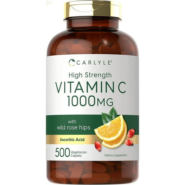 Carlyle Vitamin C 1000mg | 500 Vegetarian Caplets | Ascorbic Acid with Wild Rose Hips | High Strength Formula | Non-GMO and Gluten Free Supplement