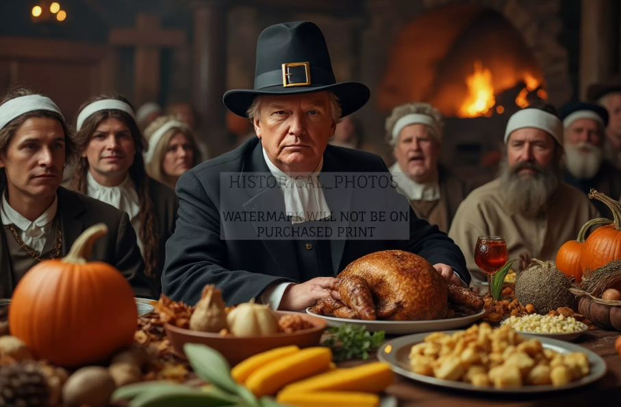 PRESIDENT DONALD TRUMP AS AMERICAN PILGRIM SETTLER THANKSGIVING 4X6 AI POSTCARD