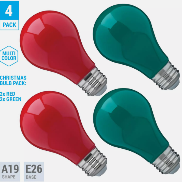 (4 Pack) LED CHRISTMAS LIGHT BULBS 8W Green and Red Color A19 Dimmable 120V E26