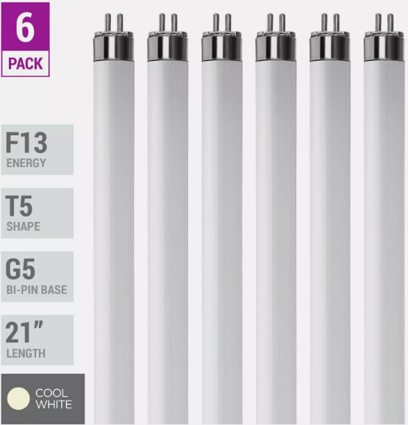 6 Pack F13T5 Fluorescent Tube 21" 13W Watt Mini Bi 2-Pin G5 4100K Cool White