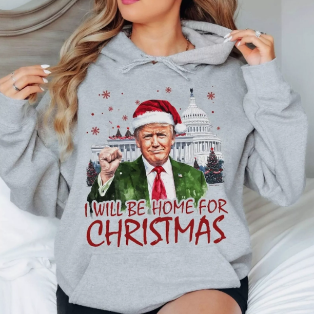 Trump I'll Be Home For Christmas Sweatshirt, Santa Trump Political Xmas Shirt - Sport Grey, Crewneck SweatShirt (S)