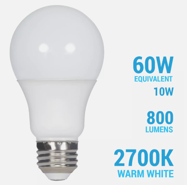 10W =60W Dimmable A19 Omni 800 Lumens LED 27K Warm White Frosted E26 B