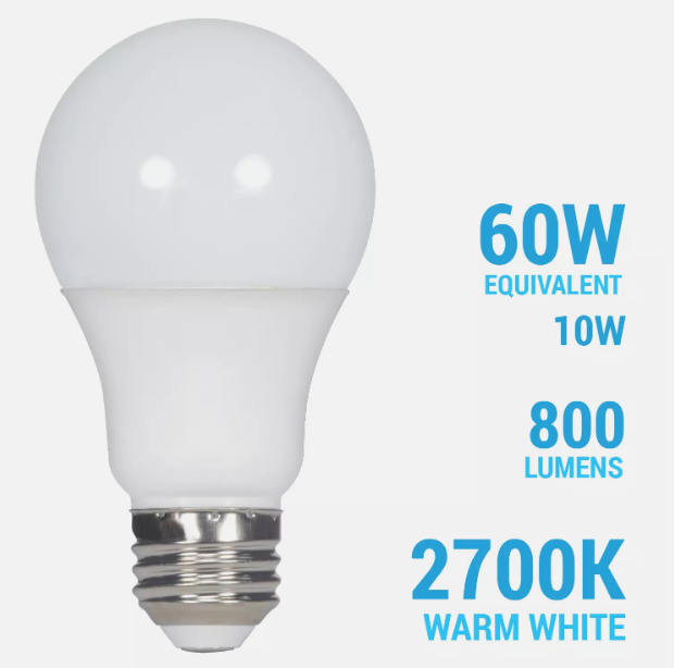 10W =60W Dimmable A19 Omni 800 Lumens LED 27K Warm White Frosted E26 Base Bulb