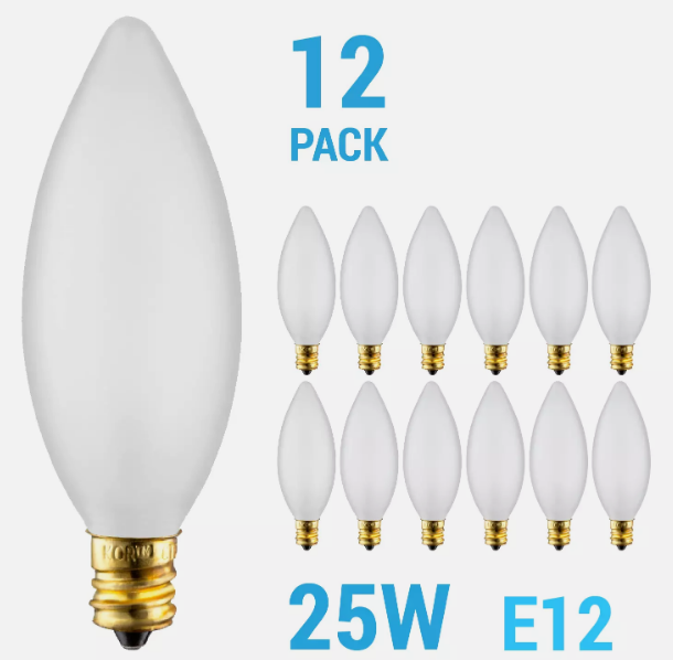 12 Pack Chandelier Torpedo Tip B10 Bulbs 120V 25W Candelabra E12 Frosted 2700K