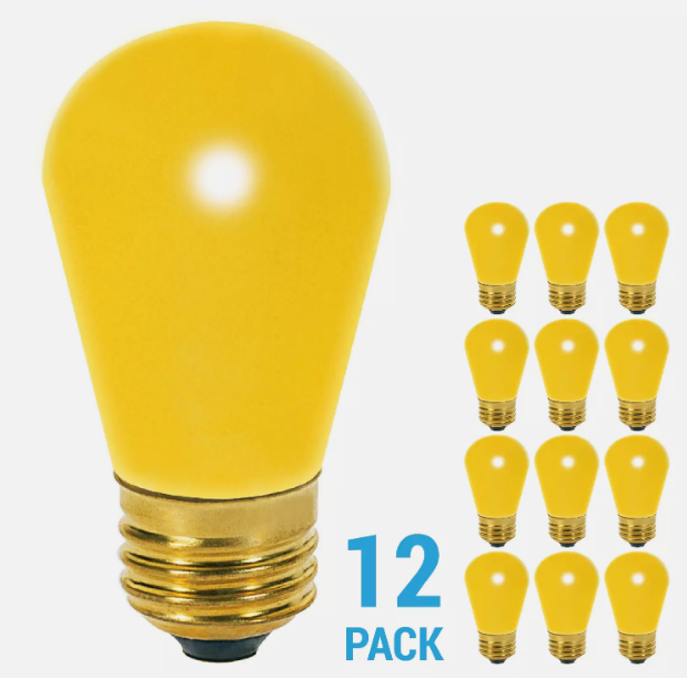 12 Pack YELLOW Patio String Light Sign Bulb 120V 11W S14 Medium E26 Base 11S14/Y