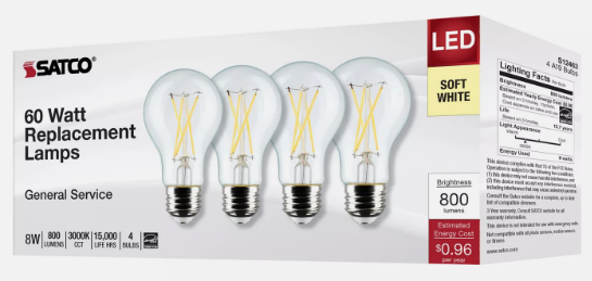 (4 Pack) Satco S21734 LED Filament Bulbs 8W =60W 120V A19 Medium E26 Base 30K