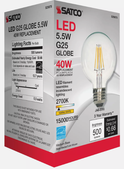 Satco S29878 LED Filament Globe Clear G25 5.5W 40W Medium E26 2700K Warm White