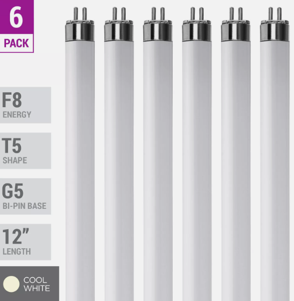 6 Pack F8T5 CW 41K Tube 12" Inches 8W Watt T5 Mini Bi 2-Pin G5 4100K Cool White
