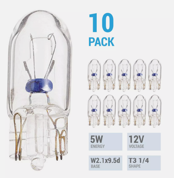 10 Pack 5 Watt T3 1/4 Mini Wedge W2.1x9.5d Base 12 Volt Clear Xenon Light Bulb