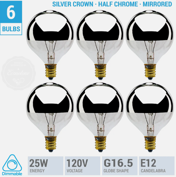 6 Pack 25G16.5 1/2 Bulb 25W Silver Crown Half Chrome Mirror Globe Candelabra E12