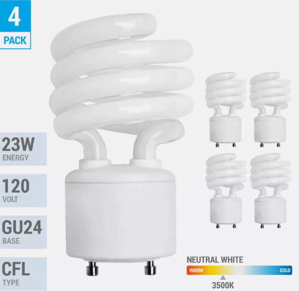 4 Pack Spiral CFL Fluorescent 23W =100W Twist and Lock GU24 3500K Neutral White