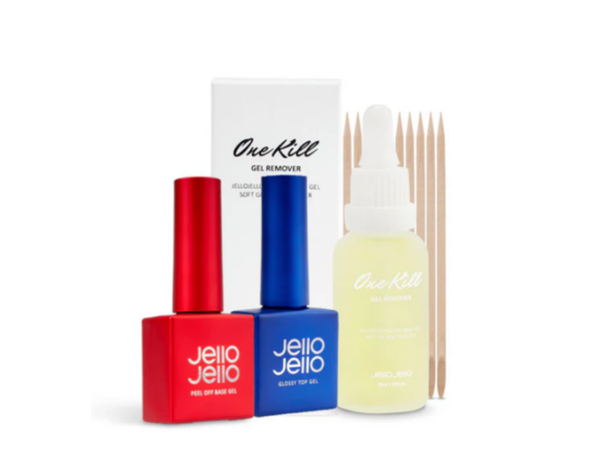 JELLO JELLO 3-Piece Set (Peel Off Base Gel 10ml + Top Gel 10ml + One Kill Remover 30ml)