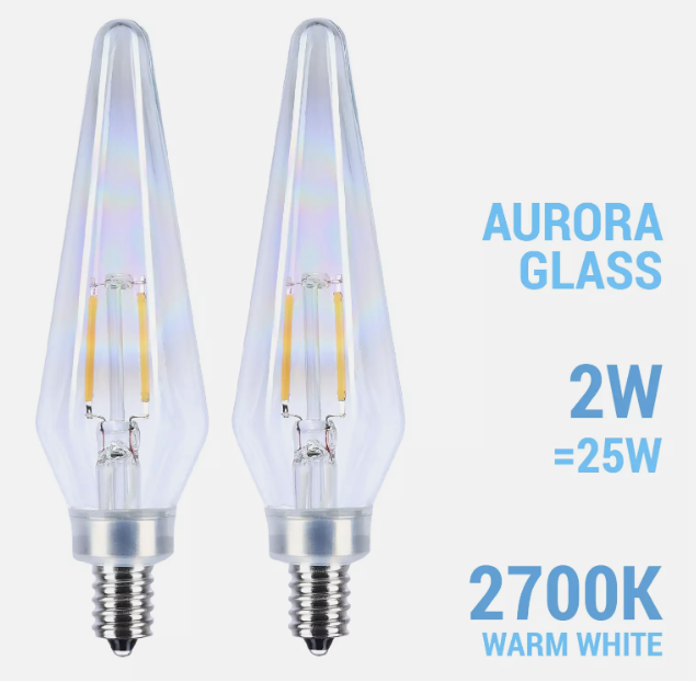 2 Pack PRISMATIC AURORA Filament LED 120V 2W 25W Candelabra E12 2700K Warm White