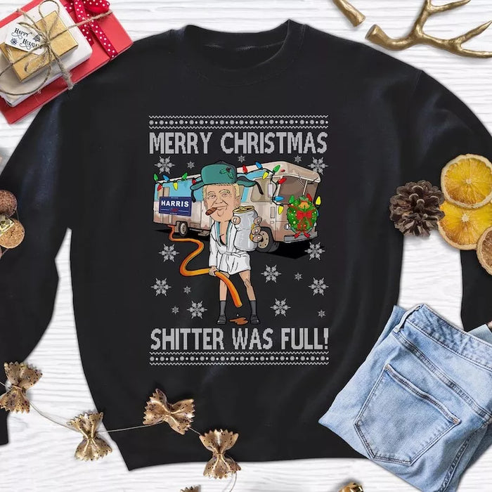 Funny Trump Merry Christmas Sh*tter Was Full Ugly Xmas Sweatshirt (Large)