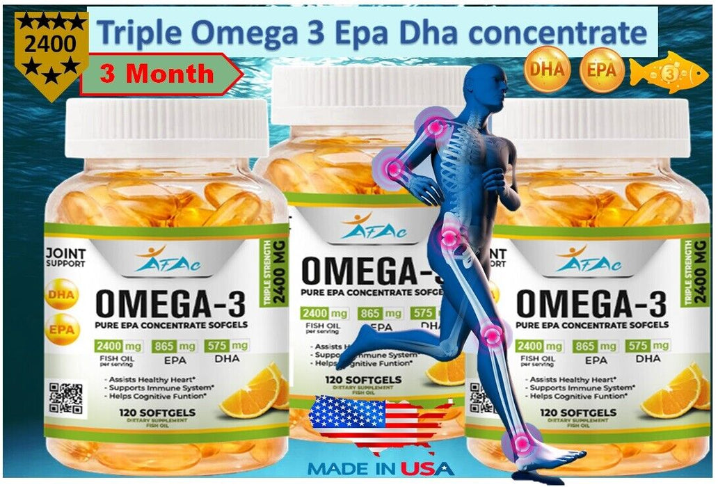 BEST TRIPLE STRENGTH Omega 3 Fish Oil Pills 3 MONTH SUPPLY 2400mg HIGH POTENCY 3