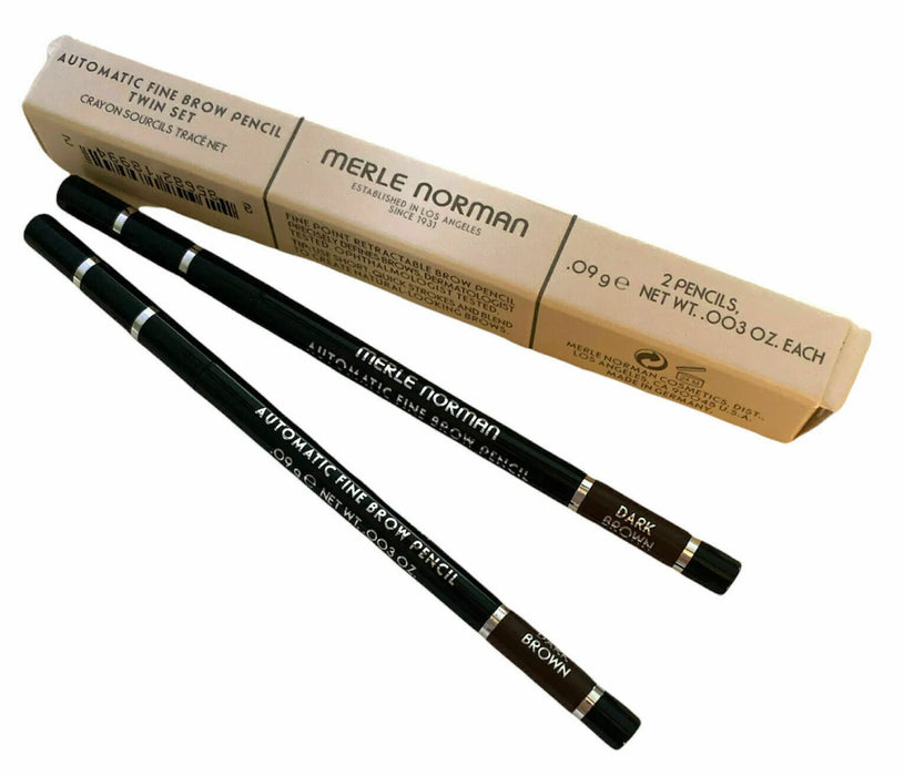 MERLE NORMAN Automatic Fine Brow Pencil Twin Set Shade is Dark Brown