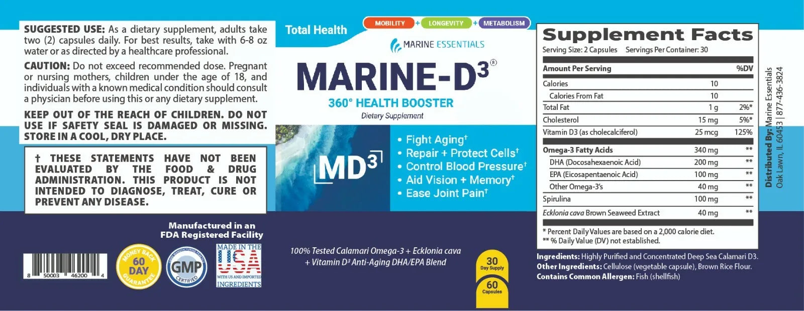 MARINE ESSENTIALS | Marine-D3 | Anti-Aging | Omega-3 | 1 Bottle (60 Capsules)