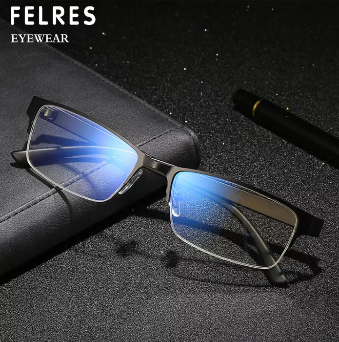 FELRES Half Frame Anti Blue Light Myopia Nearsighted Glasses Men Retro Business Glasses