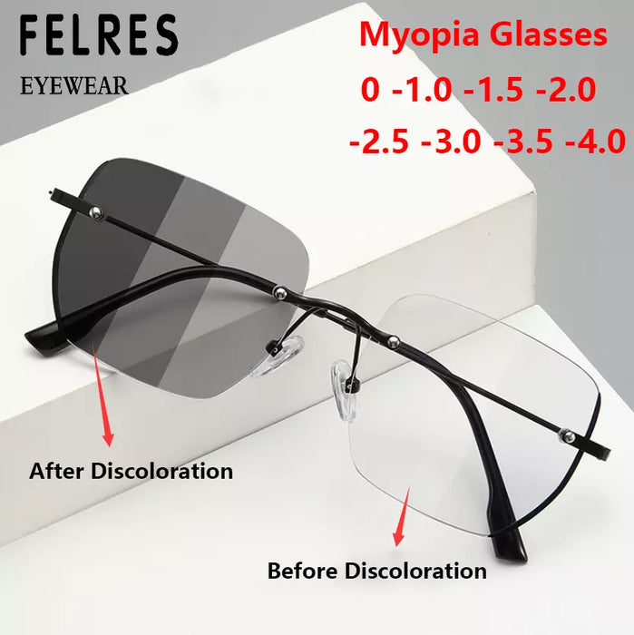 FELRES Unisex Metal Rimless Photochromic Myopia Nearsighted Glasses Square Sunglasses