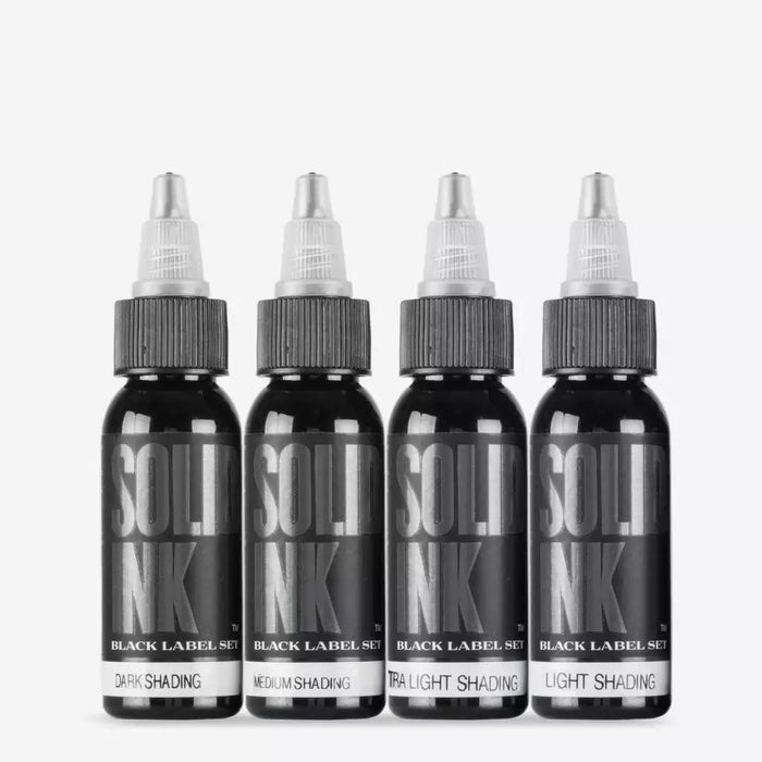 SOLID INK Black Label Organic Tattoo Ink Grey Wash Shading 4 Bottles Set 1oz Size