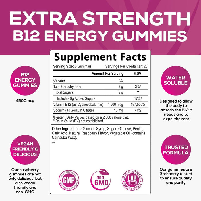 NATURE'S NUTRITION Vitamin B12 Gummies 4500mcg, High Absorption Vitamin B-12 Energy Gummy