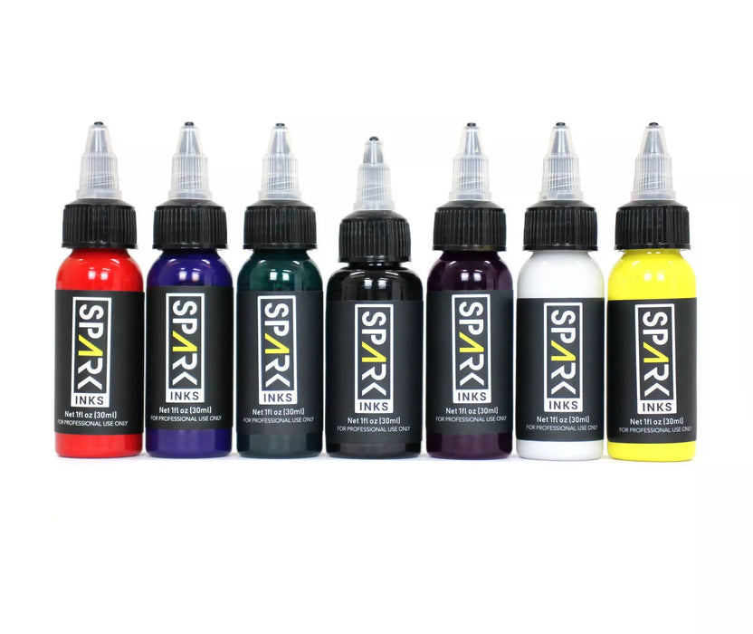 SPARK Pro Tattoo Ink Black White Red Blue Green Yellow Purple (30ml Bottles) | 7x30ml Multi Colour Set