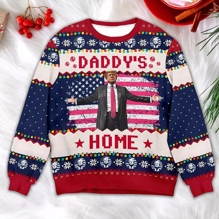 Trump Daddy Home Ugly Christmas Sweater, MAGA 2024 Ugly Sweater, Donald Trump (Large)