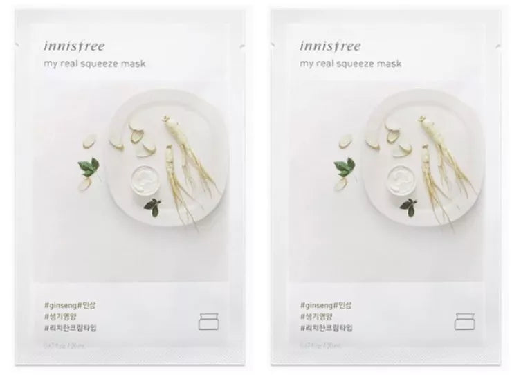 INNISFREE Ginseng My Real Squeeze Sheet Face Mask Pack Moisturizing 20ml 2pcs