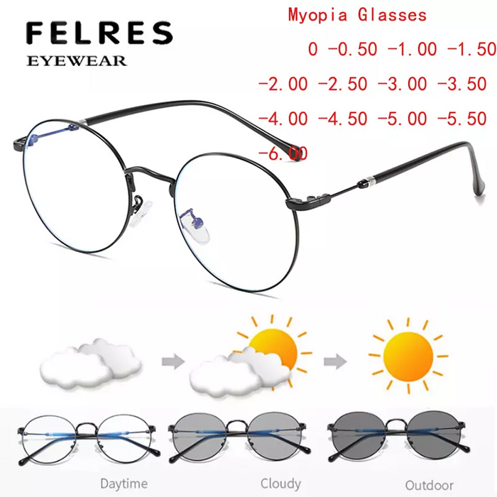 FELRES Men Women Metal Anti Blue Light Myopia Nearsighted Glasses Photochromic Glasses