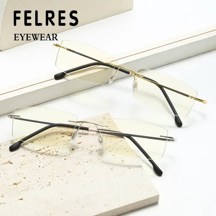 FELRES Metal Rimless Square Nearsighted Glasses For Men Ultralight Myopia Glasses