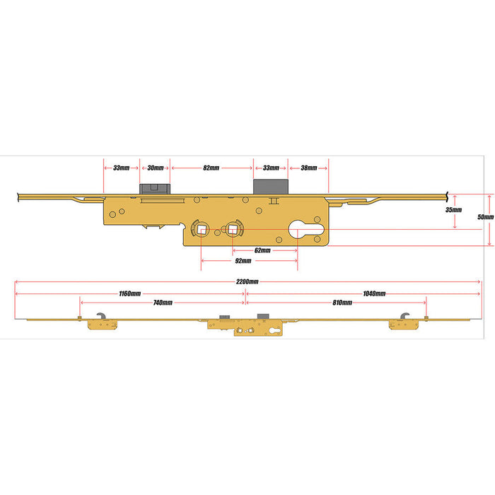 Avocet 2 Hook 2 Roller Multipoint Door Lock Mechanism 35mm Gold