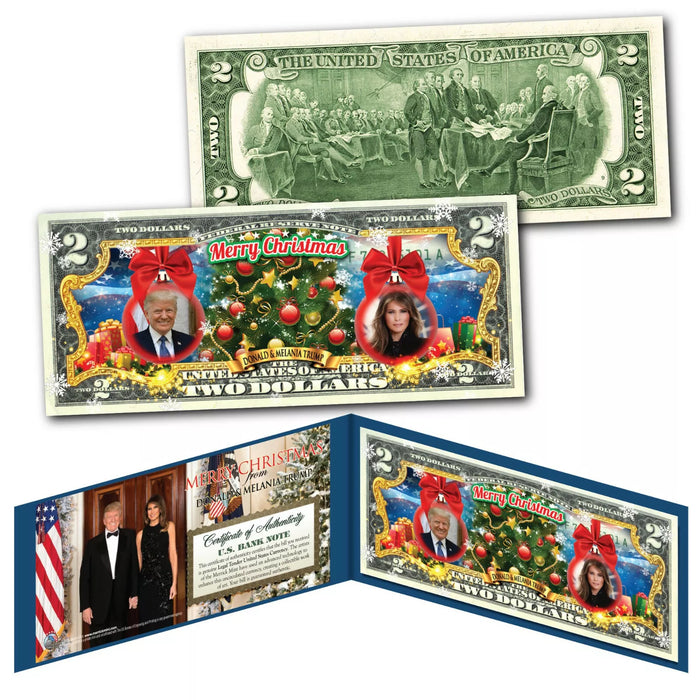 Donald & Melania Trump MERRY CHRISTMAS XMAS Ornaments Official Genuine $2 Bill