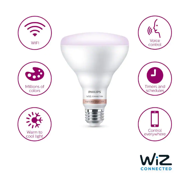 Philips Wiz LED Full Multi Color Wi-fi Smart Flood Light Bulb Dimmable 65w Br30