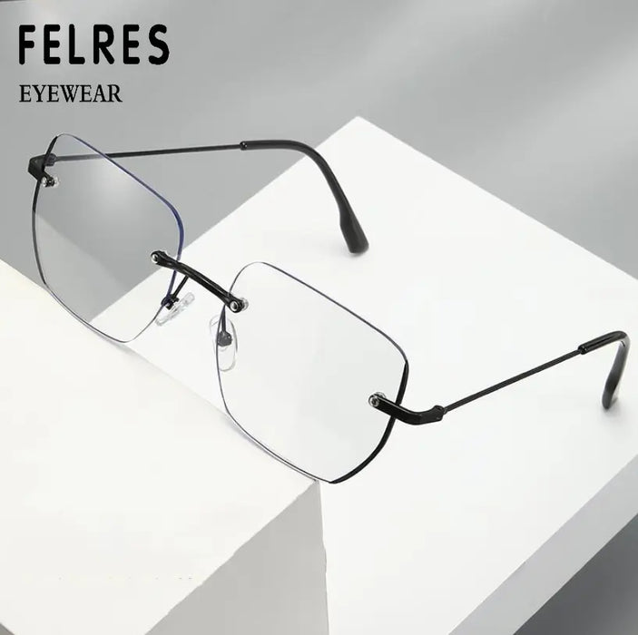 FELRES Unisex Metal Rimless Photochromic Myopia Nearsighted Glasses Square Sunglasses