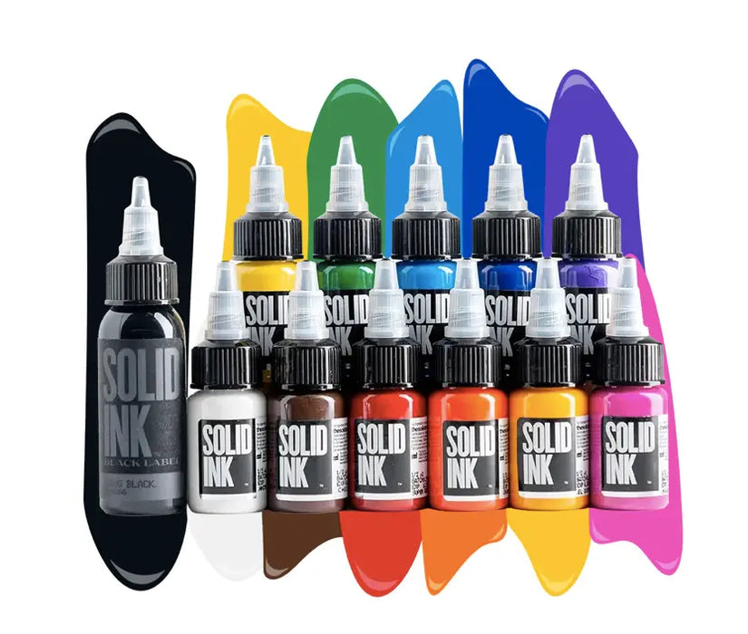 SOLID INK Tattoo Ink Professional Mini Travel Set of 12 Colors 1/2oz Bottle