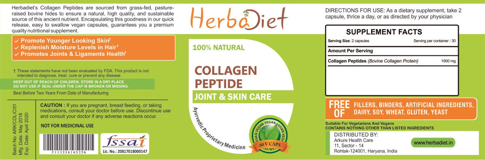 HERBADIET Hydrolyzed Collagen Capsules Type 1 Bovine Peptides Hair, Skin, Nails & Joints