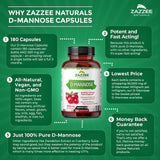 ZAZZEE NATURALS D-Mannose Capsules 180 Veggie Caps 1000mg 100% Pure UTI Relief Urinary Tract USA